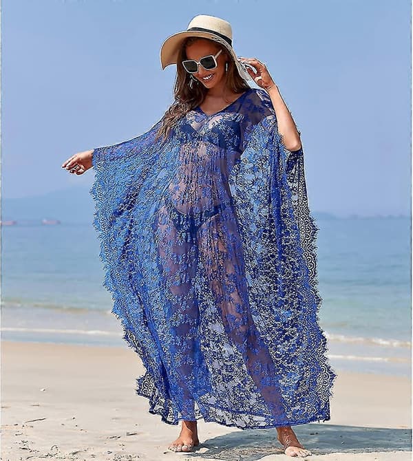 [LCS] Strandovertrekk Boho blondekimono Plus Size Bikini Robe Badedrakt for kvinner Solid-MXBC Royal Blue