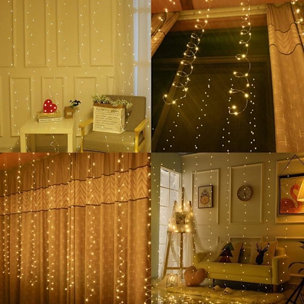 LED Lysgardin, USB Lyslenke Gardin, 8 Moduser med Fjernkontroll, Lyslenker for Soverom, Innendørs og Utendørs Dekorasjon, Fest Bryllup
