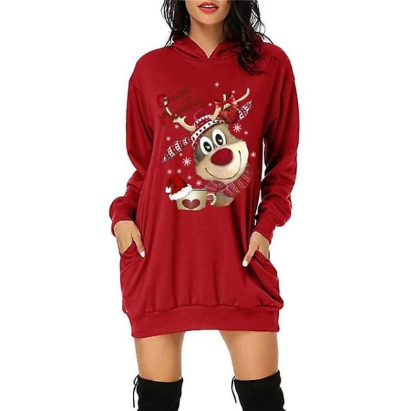 Julstil Sweatshirts Klänning Ficka Huvtröjor Dam Toppar Pullover Tecknad Roliga Sweatshirts För Dam Casual Pullover Höst L