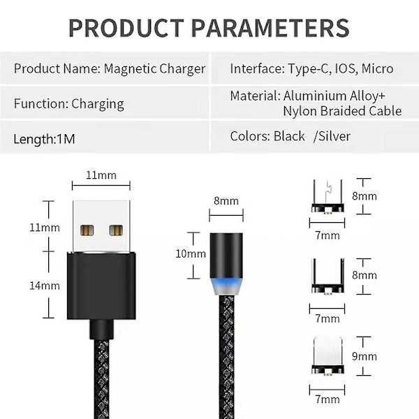 1 M Grå 1i3 Laddningskabel Magnetisk Kabel Mobiltelefon Tre-i-ett Laddning För Huawei Xiaomi Android Apple Kabel
