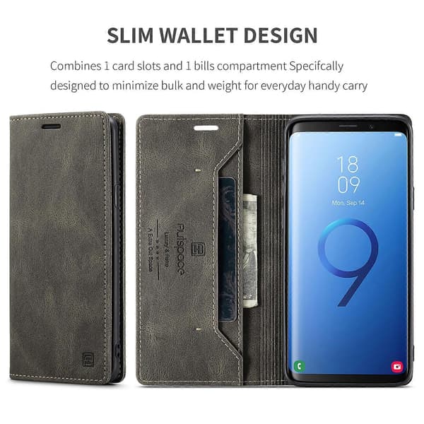 Kompatibelt plånboksfodral för Samsung Galaxy S9+ AUTSPACE A01 läderställ med RFID-kortshållare Espresso