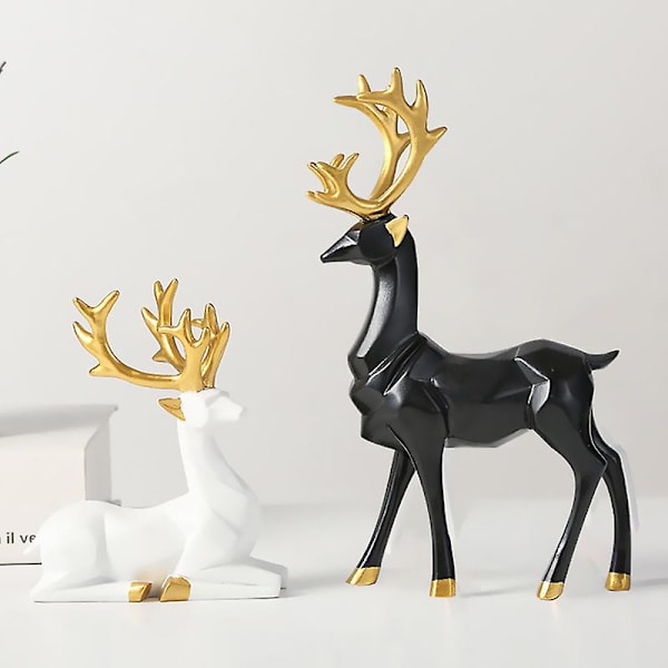2 stk. Sort og hvid hjortestatue med siddende og stående stilling, resin dyreornament til stue TV