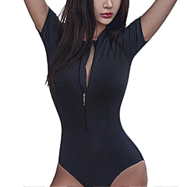 Mote Kvinner Slim Kortermet Monokini Glidelås Badedrakt for Varm Kilde Strand Black XL