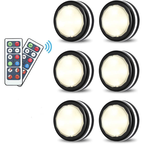 LED-pucklampor trådlösa underskåpsbelysning färgskiftande RGB garderobslampor med fjärrkontroll batteridrivna (6-pack)