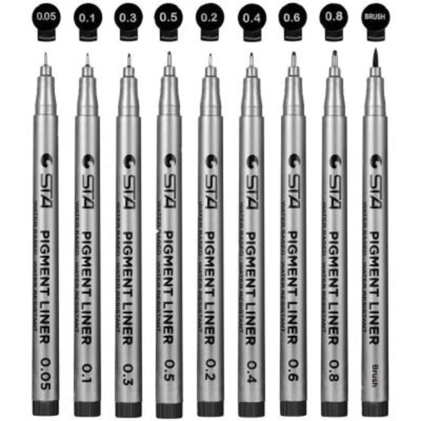 Fineliner Pennor, Morkia 9 Fine Tip Black Pens Liners med svart