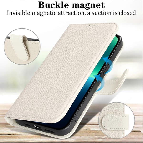 För iPhone 13 Pro Max 12 Pro Max Stativfodral Litchi Textur Äkta Kohud Plånboksfodral RFID-blockerande Vit