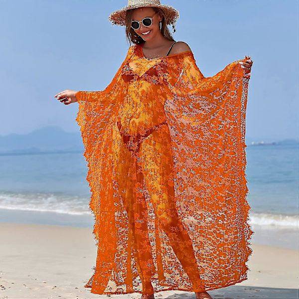 [LCS] Strandöverdrag Boho Spetskimono Plus Size Bikini Robe Baddräkt för kvinnor Solid-MXBC Orange