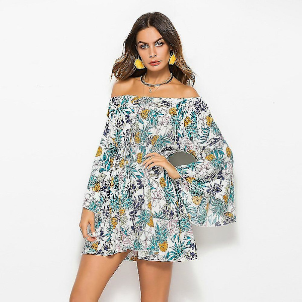 Løs Hawaii Kjole med Print Dame Boho Blomstret Strandkjole