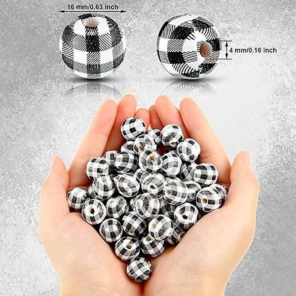 100 st DIY Rutig Tryckta Träpärlor Runda Distanspärlor För Smyckestillverkning Black white
