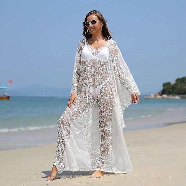 [LCS] Strandovertrekk Boho blondekimono Plus Size Bikini Robe Badedrakt for kvinner Solid-MXBC White