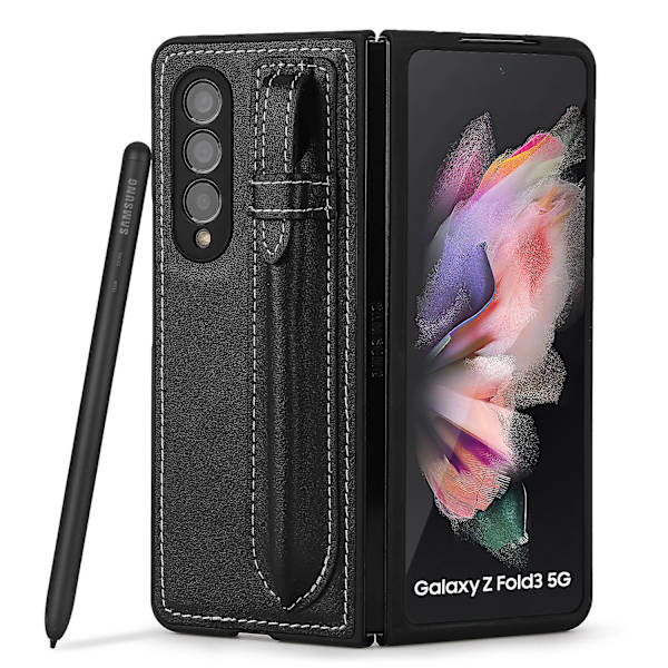 Læder Telefon Cover til Galaxy Fold 3 5g med S-pen Holder Black