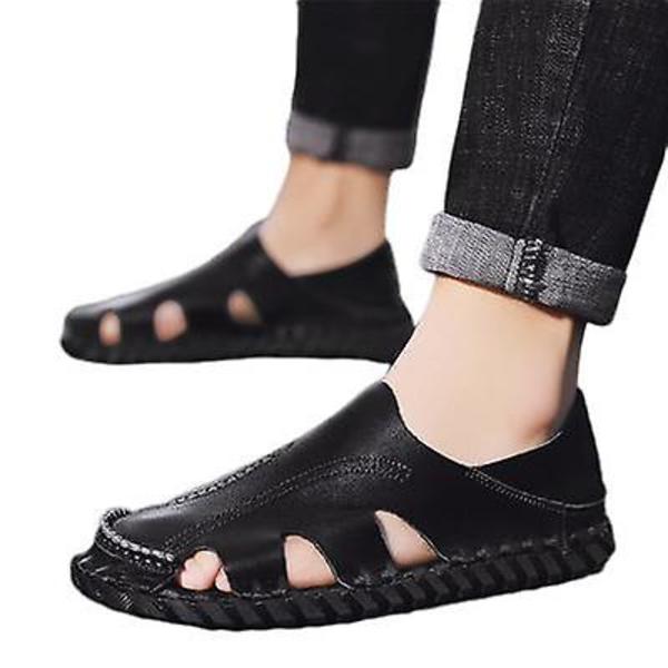 Herr Casual Sandaler Läder Strandskor Baotou Black 41