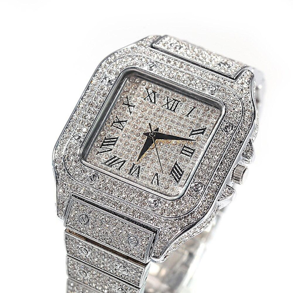 Hiphop Full Iced Out Klokker Sølv Gull Rhinestone Kvarts Armbåndsur (sølv)
