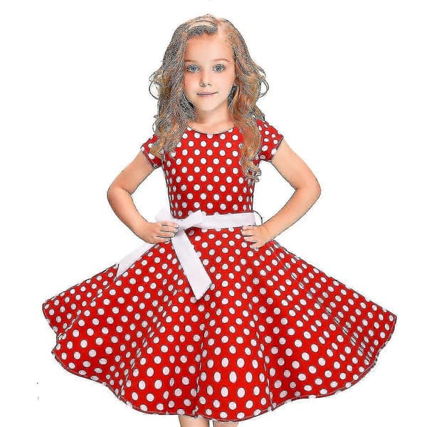 [LCS]Barn Flickor Vintage Klänning Prickig Prinsessa Swing Rockabilly Festklänningar-Bra M