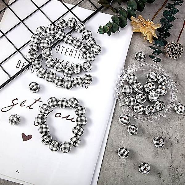 100 st DIY Rutig Tryckta Träpärlor Runda Distanspärlor För Smyckestillverkning Black white