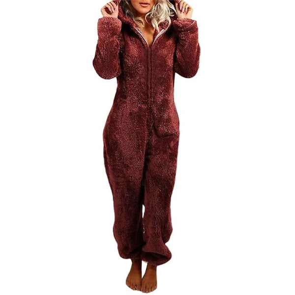 Bedårande Jumpsuit med dragkedja och huva, Fleece Pyjamas Dam Långbyxor Sovkläder Plysch Hoodies Sovkläder Wine Red L