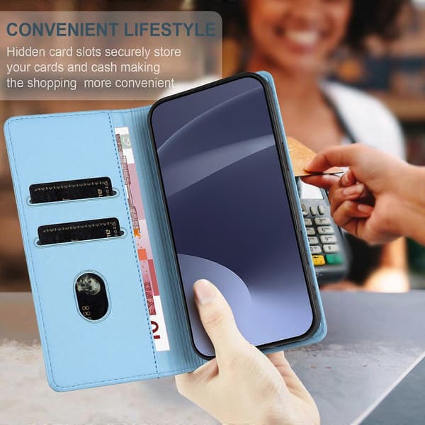 [LCS]Etui til iPhone 15, blødt PU-læder Folio Flip Kickstand Stødsikkert telefonetui - Mørkegrøn Light Blue