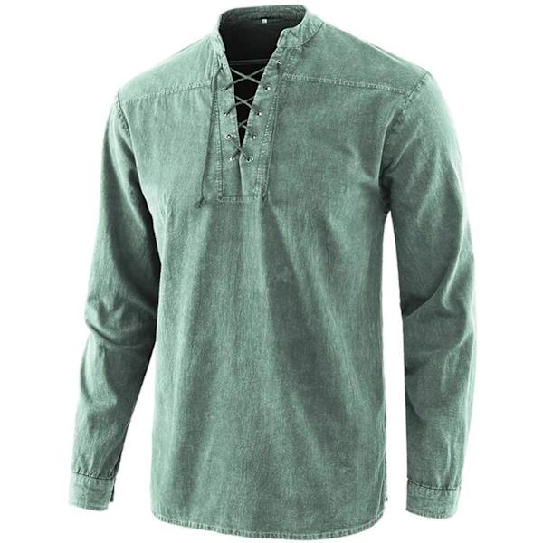 2020 Gotisk Retro T-shirt för Män Snörning V-ringad Denim Långärmad T-shirt Lösa Toppar för Män Green 2XL