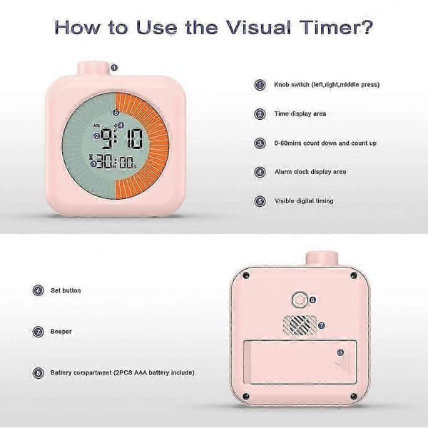 Digital Visuel Timer 60-Minutters Nedtælling 3-i-1 Ur & Stopur til Køkkenmadlavning, Studie & Undervisning Pink