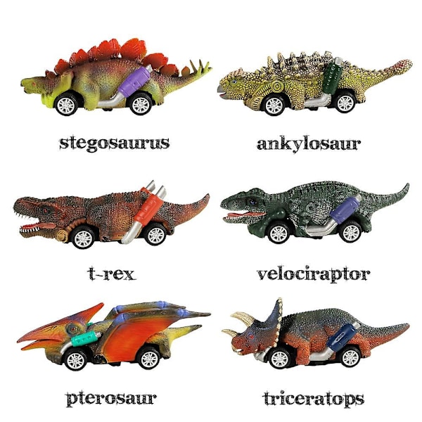 Dinosauruslelu, vedettävät autot, 6 kpl, dinosaurusleluja 3+ -vuotiaille pojille ja tytöille, vedettävät leluautot, dinosauruspelit T Rexillä