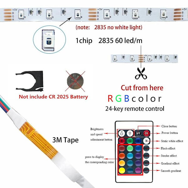Led Ljusremsor Usb Infraröd Kontroll Rgb Smd2835 Dc5v 1m~5m Fl 3 Key 2835 5V 1M