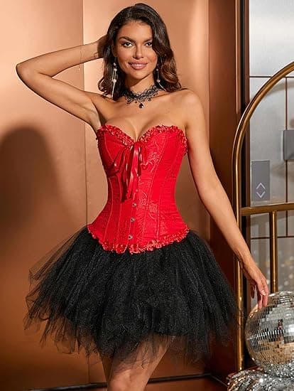 [LCS] Korsetttoppar för kvinnor, Bustier Shapewear Underkläder, Spetsmidja Push Up Bodysuit Röd rode L
