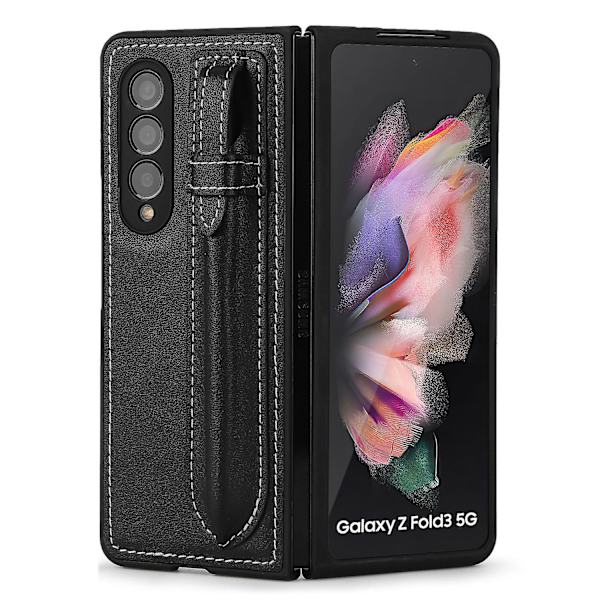 Läder Telefonfodral Kompatibelt med Galaxy Fold 3 5g Med S-pen Hållare Black