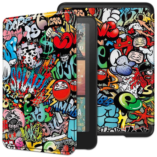 Ensfarvet læderetui til Kindle 12. generation 2024 Graffiti