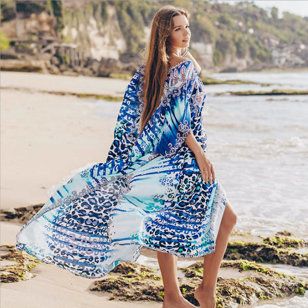 Blue Leopard Pattern Summer Bikini Cover Up Printed Beachwear Ka