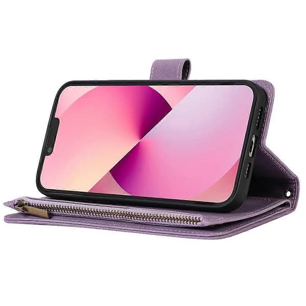 Kompatibelt etui til iPhone 11 Pro med lynlåslomme, læder, 9 kortpladser og håndledsrem Purple