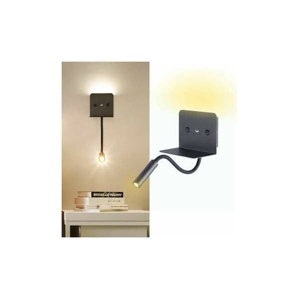 [LCS]Væglampe + 3W LED-læselampe med USB-port Sort - Sort