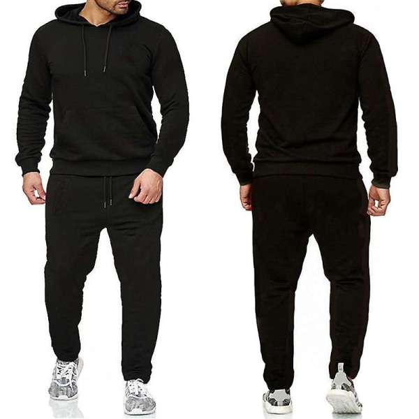 2 delar/ set Fitness träningsoverall för män Casual Sportbyxor Topp Sweatsuit Huvtröja Set Black