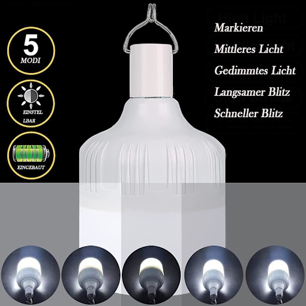 LED Campinglampa Uppladdningsbar 60W 5000 Lumen Tältlampa med Spets och USB-kabel, 5 Nivåer Dimbar Batteridriven Uppladdningsbar Portabel