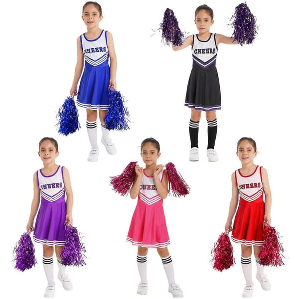 [LCS] Flickor Cheerleading Uniform Dansdräkt Barn Cheerleader Outfit Rund Hals Patchwork Stil Dansklänning Blomma och Strumpor blå blue 3-4 Years