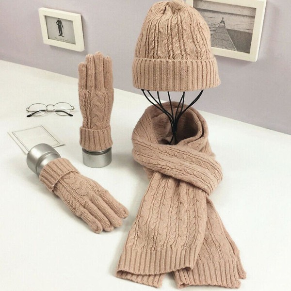 Vinter Dam Ullig Tjock Stickad Mössa Halsduk Handskar Set Varmt Mjukt Stickat Ullset Pink