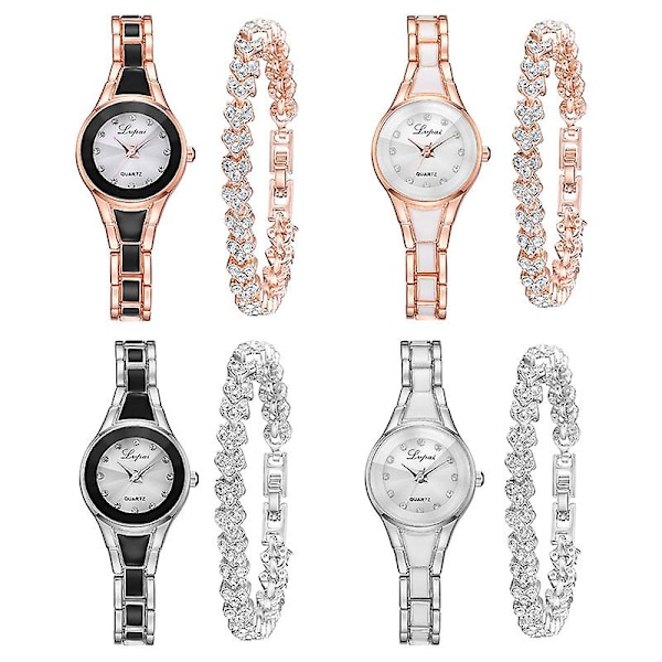 Dam Quartz Klocka Armband Set Med Tunt Legeringsband Glänsande Armband Med Ask Rose Gold Black