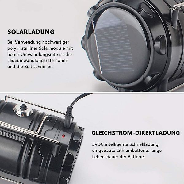Aurinkoenergialla toimiva LED-retkilyhty ja USB-taskulamppu, sopii ulkokäyttöön, soveltuu hätätilanteisiin, myrskyihin, vikoihin
