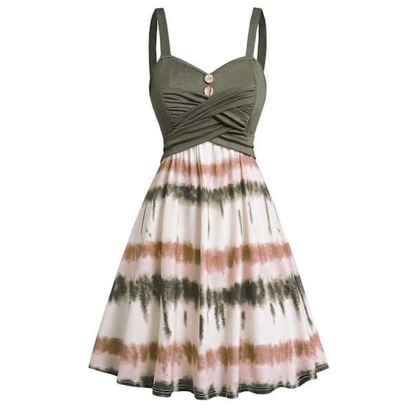 Dame Casual Tie Dye Print Kjole For Sommer Mock Knapp Crossover Høy Midje Ermeløs A Linje Mini Kjole Dame Hverdags Klær Dyp Grønn XL Deep Green