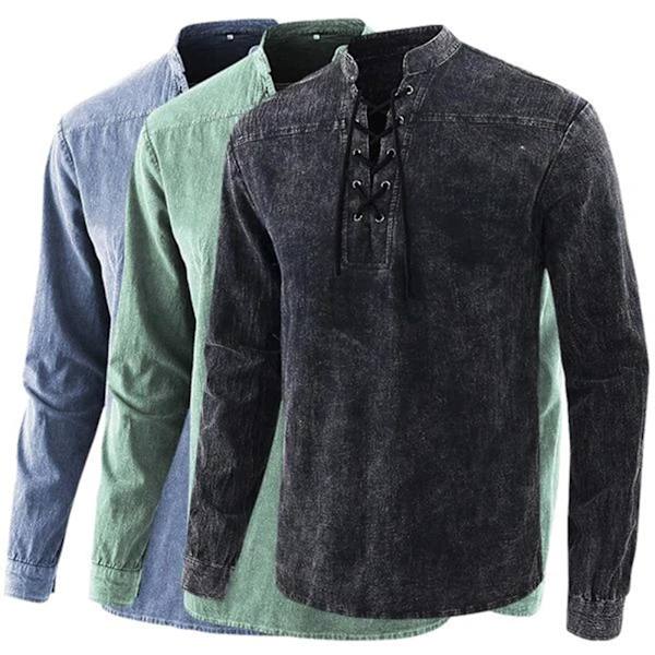 2020 Gotisk Retro T-skjorte for Menn med Snøring, V-hals, Denim, Langermet T-skjorte, Løse Topper for Menn Black M