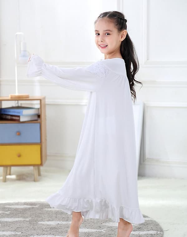 [LCS] Flicknattlinnen Långärmade Sovkläder Bekväm Prinsessklänning white 110