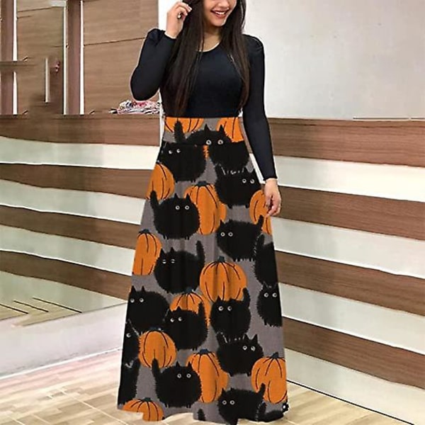 Långärmad Klänning Dam Halloween Skelett Tryck Hög Midja Klänning Pumpkin M