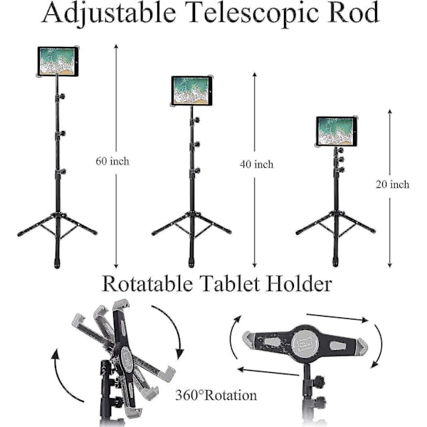 Mobiltelefonstativ iPad Stativ Golvplatta Stativ Fäste Höjdjusterbar 50 till 150 cm 360