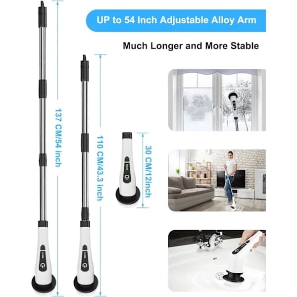 [LCS]QU-Electric Rotary Cleaning Brush with 8 Replaceable Brush Heads, with Adjustable Handle for Bathroom, Kitchen, and Car