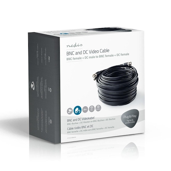 Nedis CCTV kamera kabel | BNC / DC | 20,0 m | Rund | PVC | Sort | Gaveæske 1488