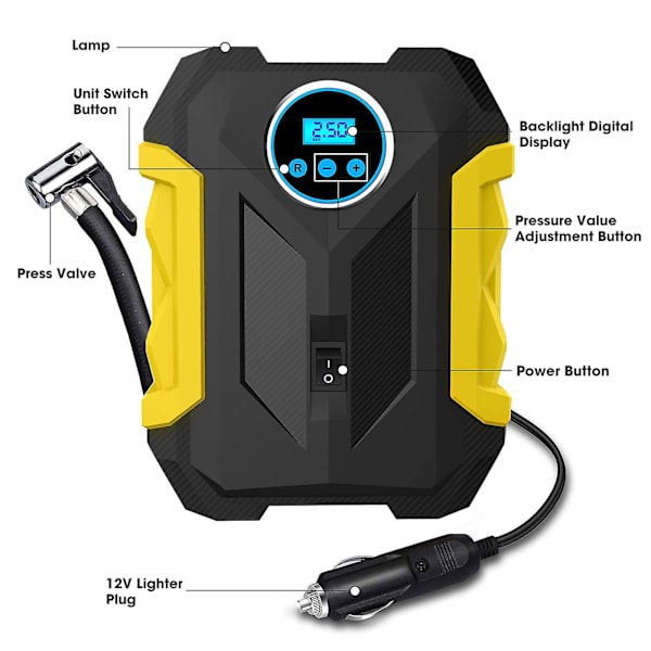 Digital Luftkompressor Lämplig För Bil Automatisk Pump Bärbar Däckpump Med LED-Ljus DC 12v Gul
