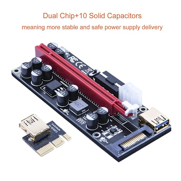 Dual-chip PCIe Riser, GPU Riser 16x til 1x Grafikkadapter med 10 Kondensatorer, RGB LED-lys, USB 3.0 PCIe Riser-kabel, Aktiv PCI-express Riser For