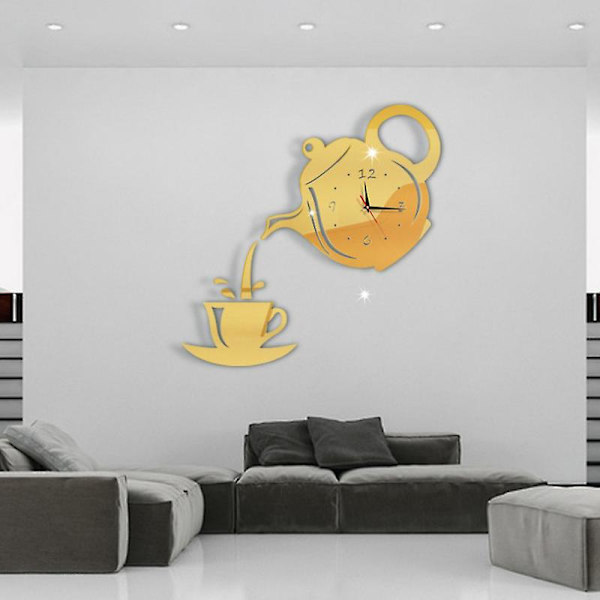 3D Væg Ur Akryl Kaffekop Tekander Perfekt Kunst Dekorere Moderne Væghængt Ur Til Hjemmet Gold