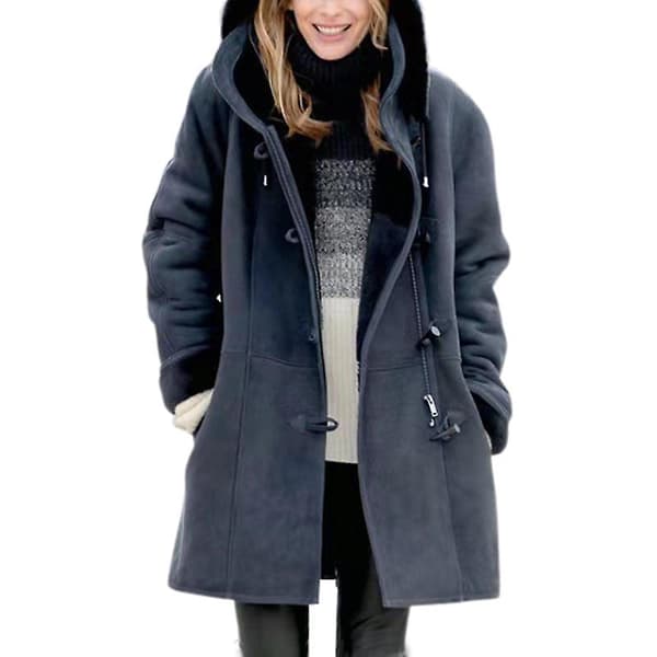 Plus-size fleecejakke med hette for kvinner, uformell langermet varm ytterjakke for høst og vinter Navy Blue S