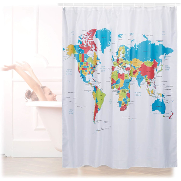 Bruseforhæng 180 x 180 cm Badeværelse Verdenskort Mønster