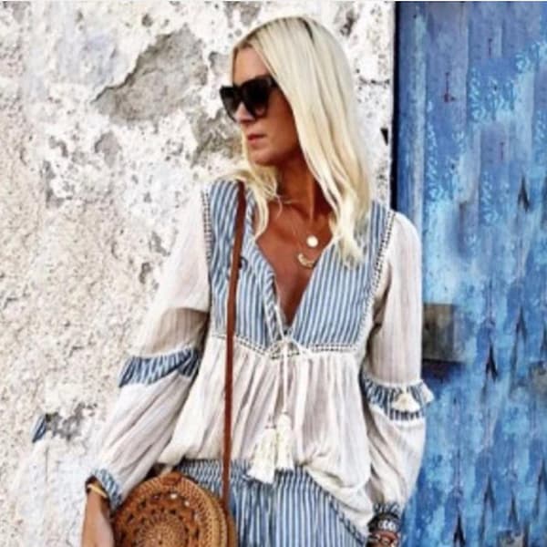 [LCS] Chiffon trykt sommer bikini cover-up V-hals strandbluse
